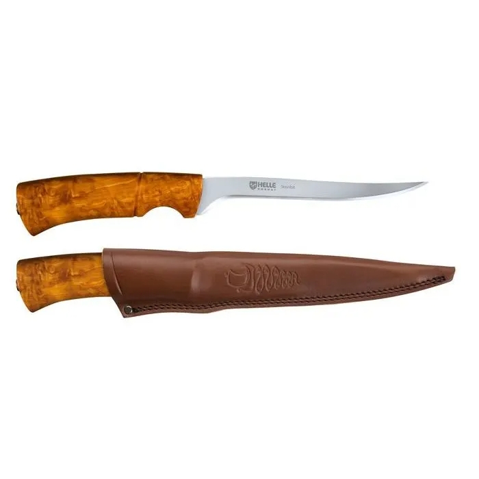 Steinbit er Helle sin premium fileteringskniv. Med eit godt og ergonomisk handtak i masurbjørk og eit speglblankt og fleksibelt blad gjer denne kniven seg like godt i ein fiskebåt som på eit koldtbord.